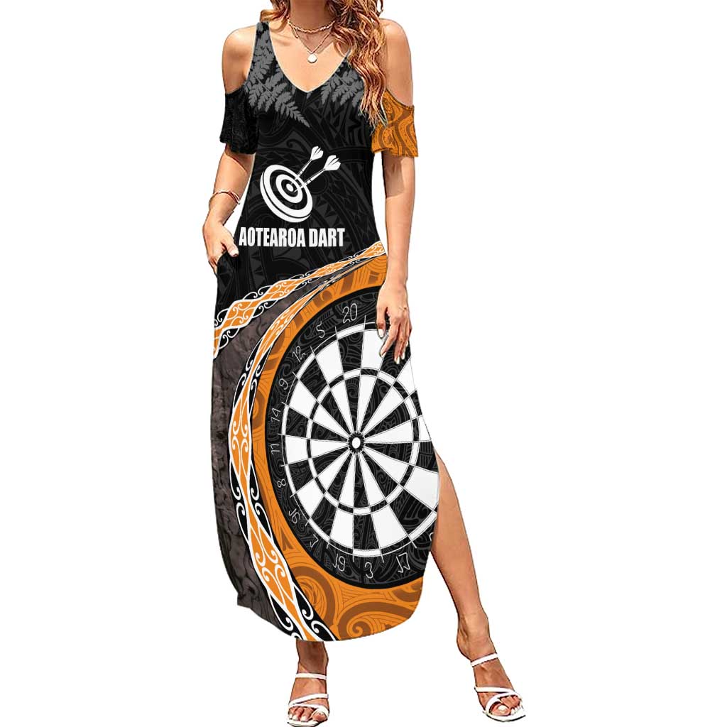 Personalised New Zealand Darts Summer Maxi Dress Koru Tribal Tattoo and Silver Fern Maori Pattern Orange Color LT03 Women Orange - Polynesian Pride