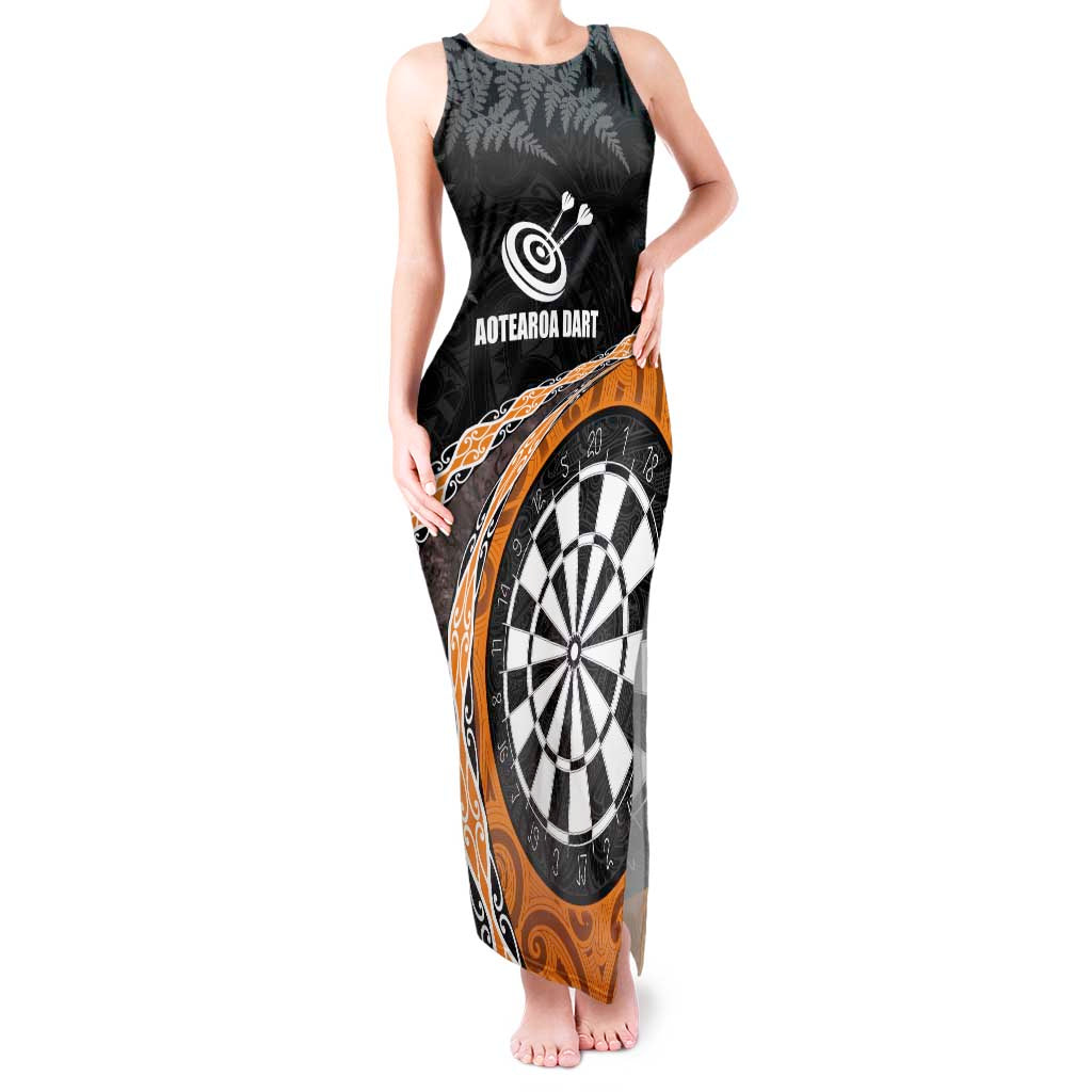 Personalised New Zealand Darts Tank Maxi Dress Koru Tribal Tattoo and Silver Fern Maori Pattern Orange Color LT03 Women Orange - Polynesian Pride