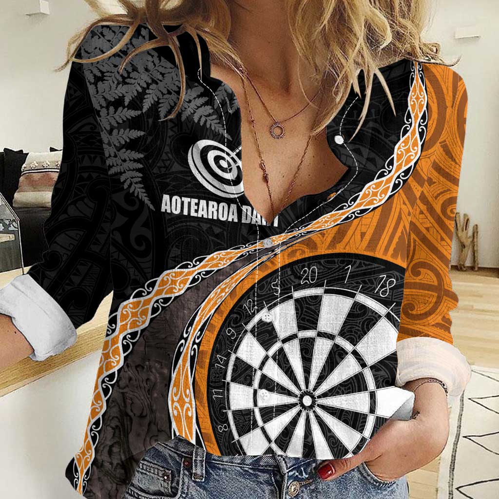 Personalised New Zealand Darts Women Casual Shirt Koru Tribal Tattoo and Silver Fern Maori Pattern Orange Color LT03 Female Orange - Polynesian Pride