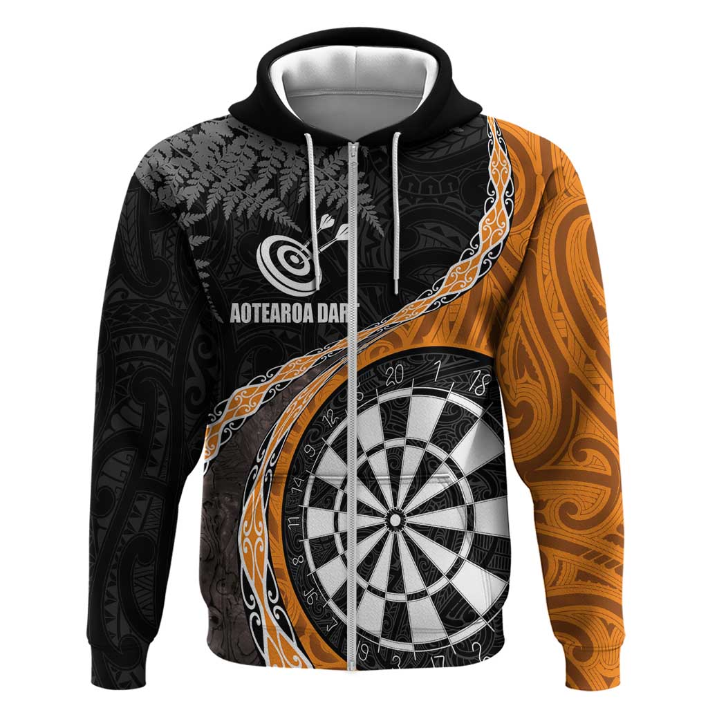 Personalised New Zealand Darts Zip Hoodie Koru Tribal Tattoo and Silver Fern Maori Pattern Orange Color LT03 Zip Hoodie Orange - Polynesian Pride