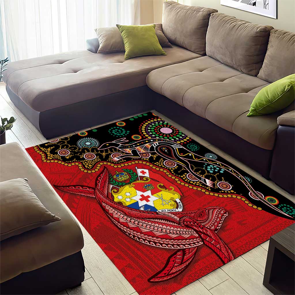 Tonga Ngatu and Australia Together Area Rug Polynesian Humpback Whale and Aboriginal Kangaroo