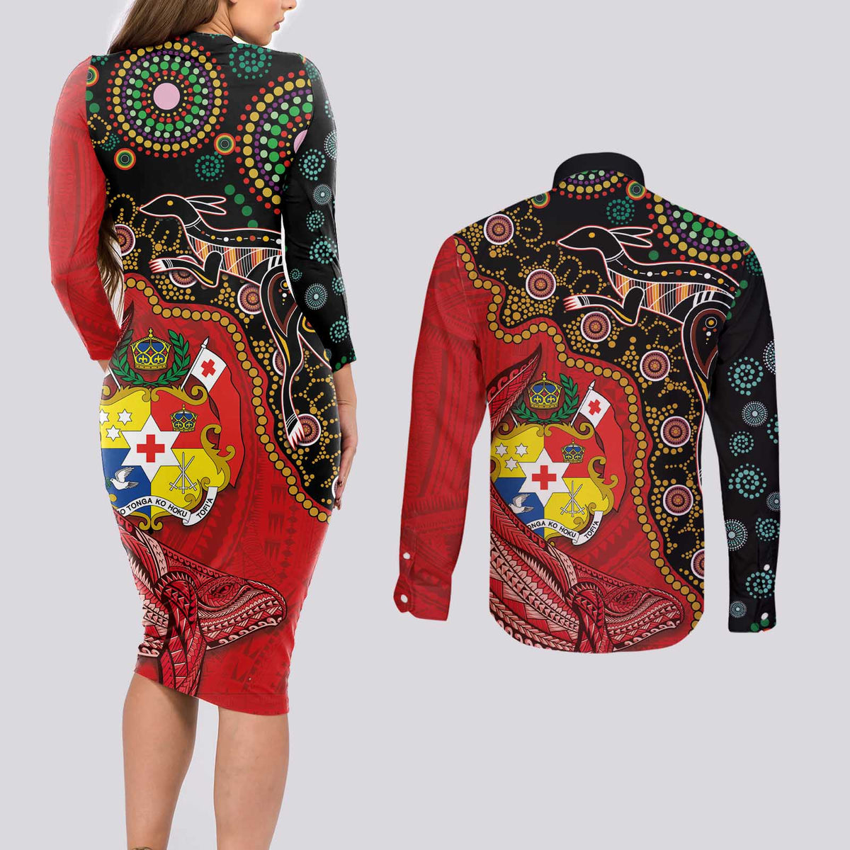 Tonga Ngatu and Australia Together Couples Matching Long Sleeve Bodycon Dress and Long Sleeve Button Shirt Polynesian Humpback Whale and Aboriginal Kangaroo