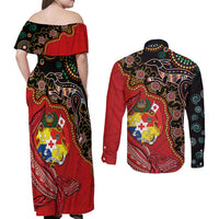 Tonga Ngatu and Australia Together Couples Matching Off Shoulder Maxi Dress and Long Sleeve Button Shirt Polynesian Humpback Whale and Aboriginal Kangaroo