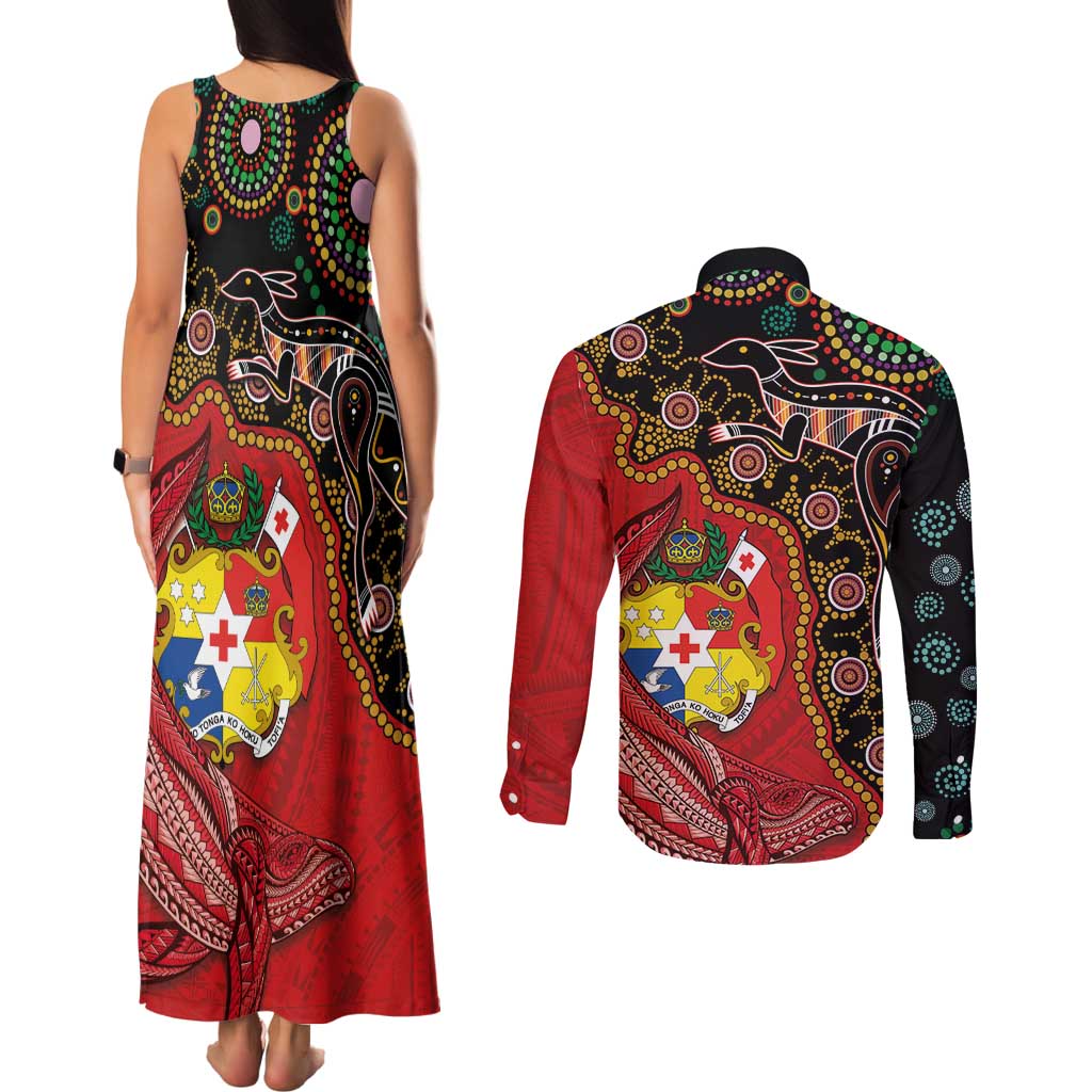 Tonga Ngatu and Australia Together Couples Matching Tank Maxi Dress and Long Sleeve Button Shirt Polynesian Humpback Whale and Aboriginal Kangaroo