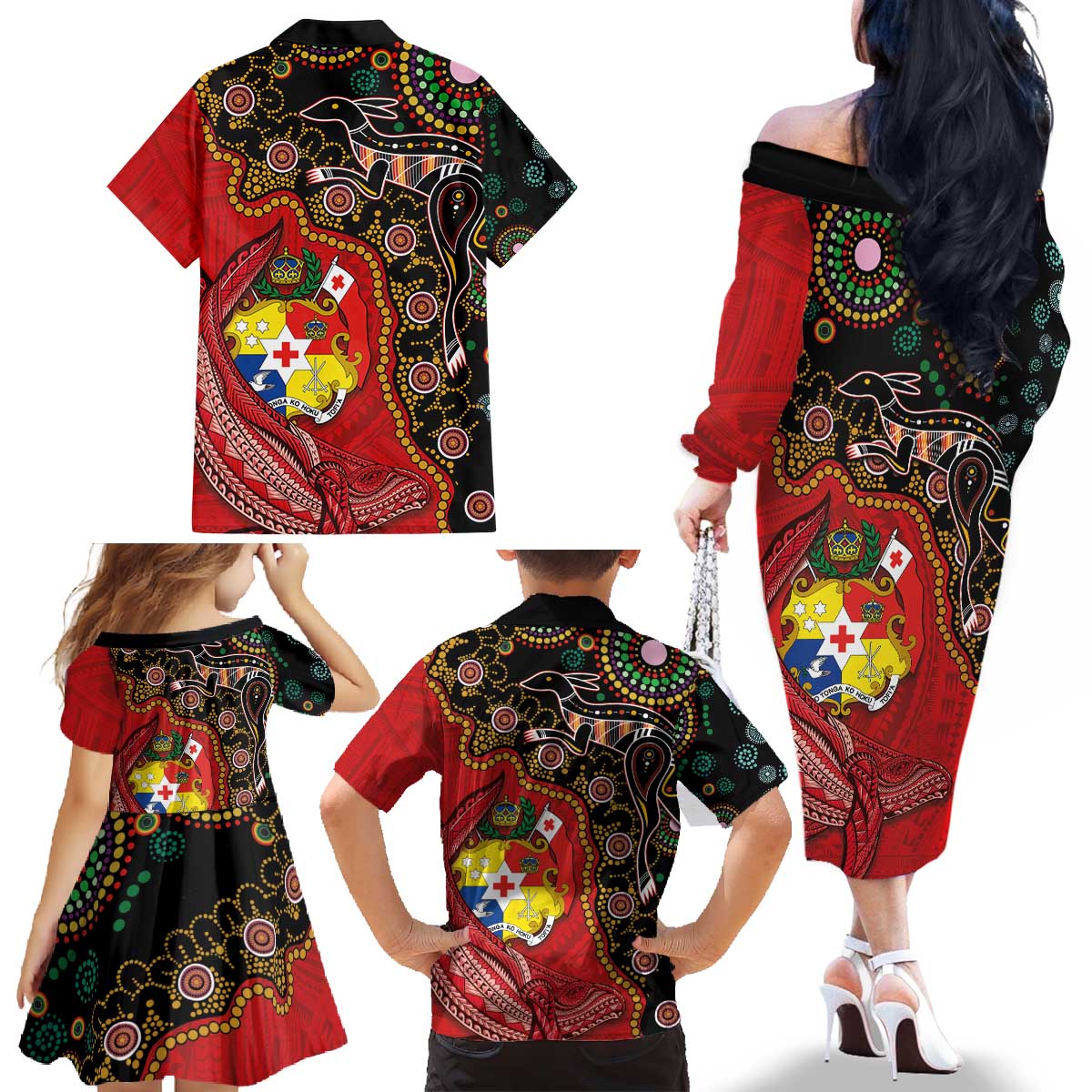 Tonga Ngatu and Australia Together Family Matching Off The Shoulder Long Sleeve Dress and Hawaiian Shirt Polynesian Humpback Whale and Aboriginal Kangaroo LT03 - Polynesian Pride