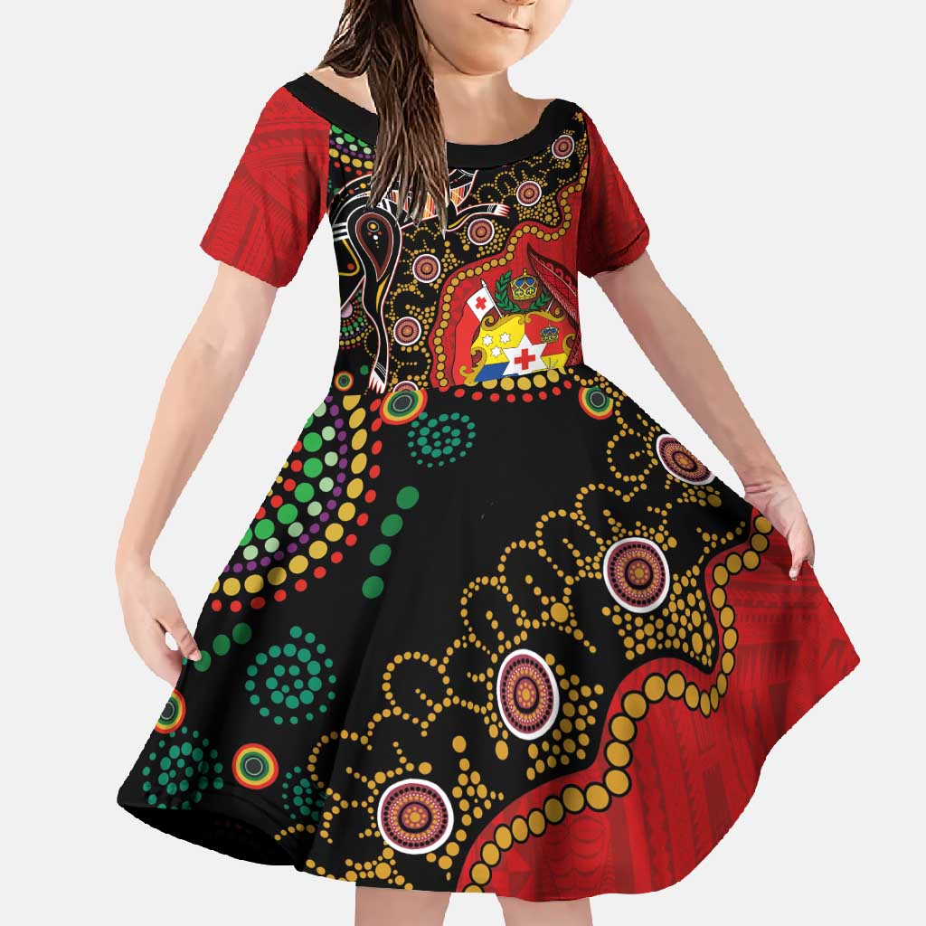 Tonga Ngatu and Australia Together Family Matching Off Shoulder Maxi Dress and Hawaiian Shirt Polynesian Humpback Whale and Aboriginal Kangaroo LT03 Daughter's Dress Red - Polynesian Pride
