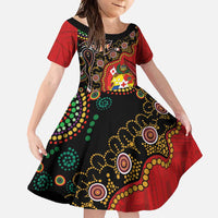 Tonga Ngatu and Australia Together Family Matching Off Shoulder Maxi Dress and Hawaiian Shirt Polynesian Humpback Whale and Aboriginal Kangaroo LT03 Daughter's Dress Red - Polynesian Pride