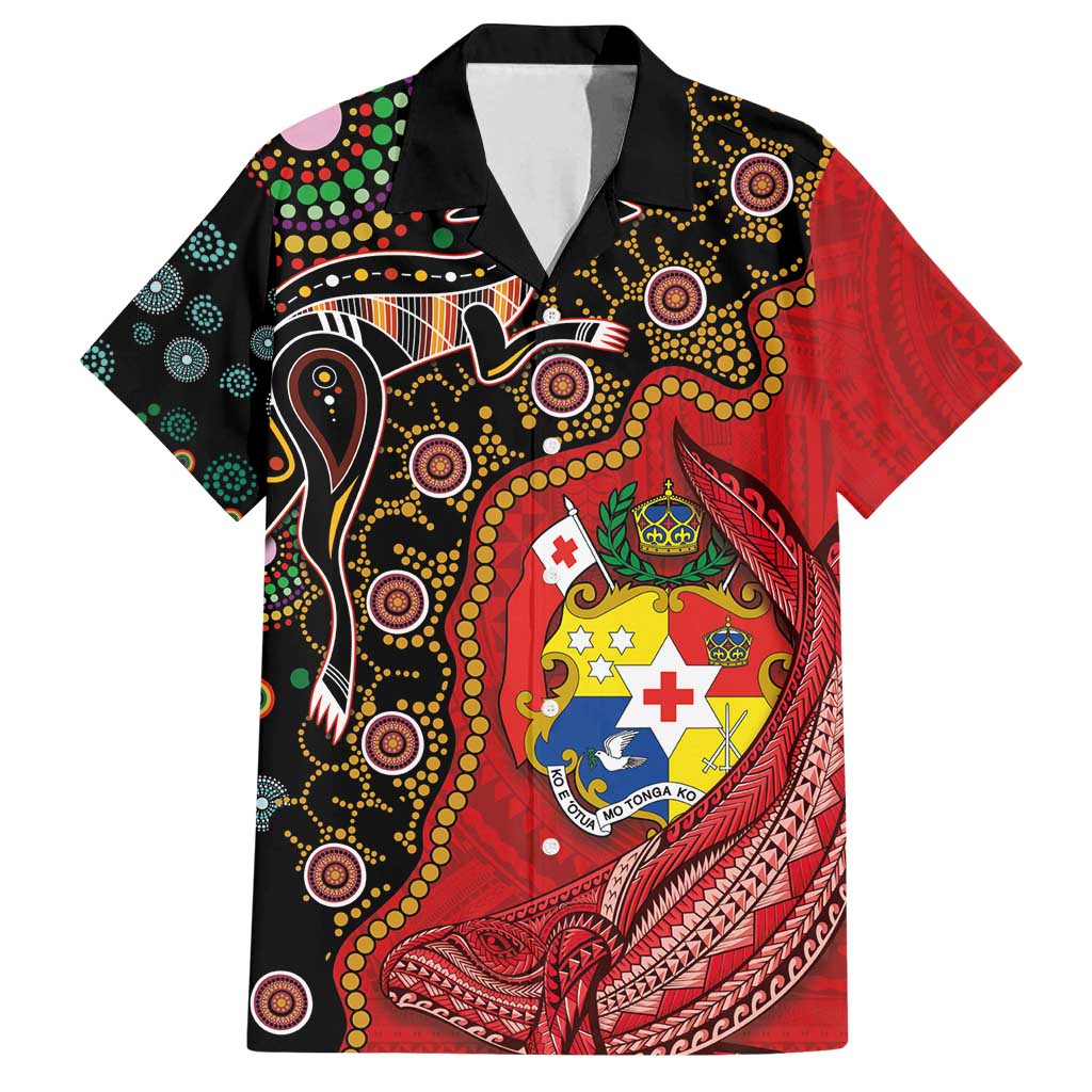 Tonga Ngatu and Australia Together Family Matching Off Shoulder Maxi Dress and Hawaiian Shirt Polynesian Humpback Whale and Aboriginal Kangaroo LT03 Dad's Shirt - Short Sleeve Red - Polynesian Pride