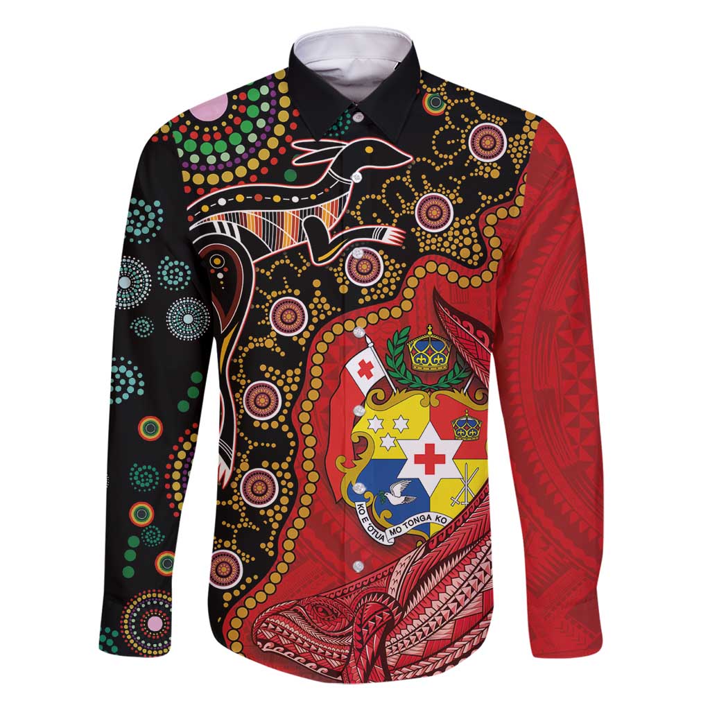 Tonga Ngatu and Australia Together Family Matching Off Shoulder Maxi Dress and Hawaiian Shirt Polynesian Humpback Whale and Aboriginal Kangaroo LT03 Dad's Shirt - Long Sleeve Red - Polynesian Pride