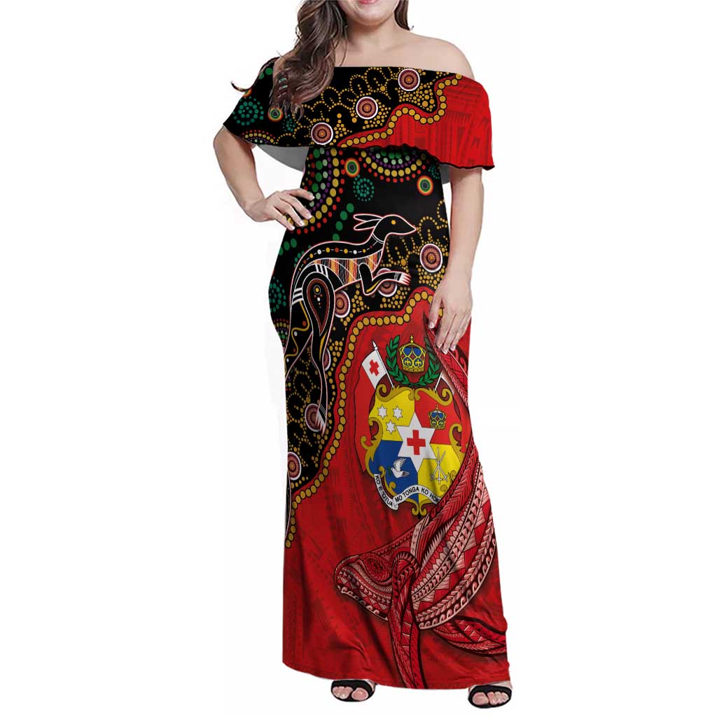 Tonga Ngatu and Australia Together Family Matching Off Shoulder Maxi Dress and Hawaiian Shirt Polynesian Humpback Whale and Aboriginal Kangaroo LT03 Mom's Dress Red - Polynesian Pride
