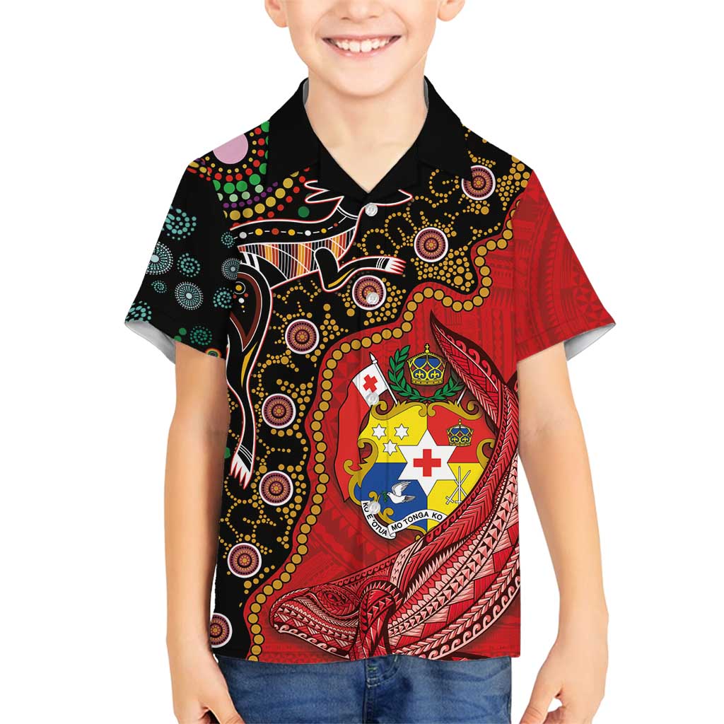 Tonga Ngatu and Australia Together Family Matching Off Shoulder Maxi Dress and Hawaiian Shirt Polynesian Humpback Whale and Aboriginal Kangaroo LT03 Son's Shirt Red - Polynesian Pride