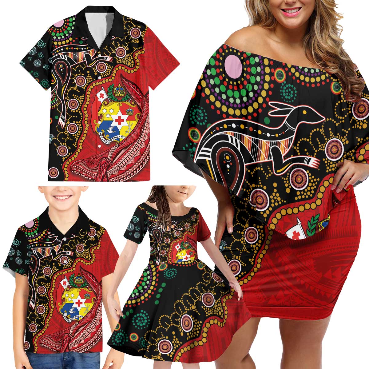 Tonga Ngatu and Australia Together Family Matching Off Shoulder Short Dress and Hawaiian Shirt Polynesian Humpback Whale and Aboriginal Kangaroo LT03 - Polynesian Pride