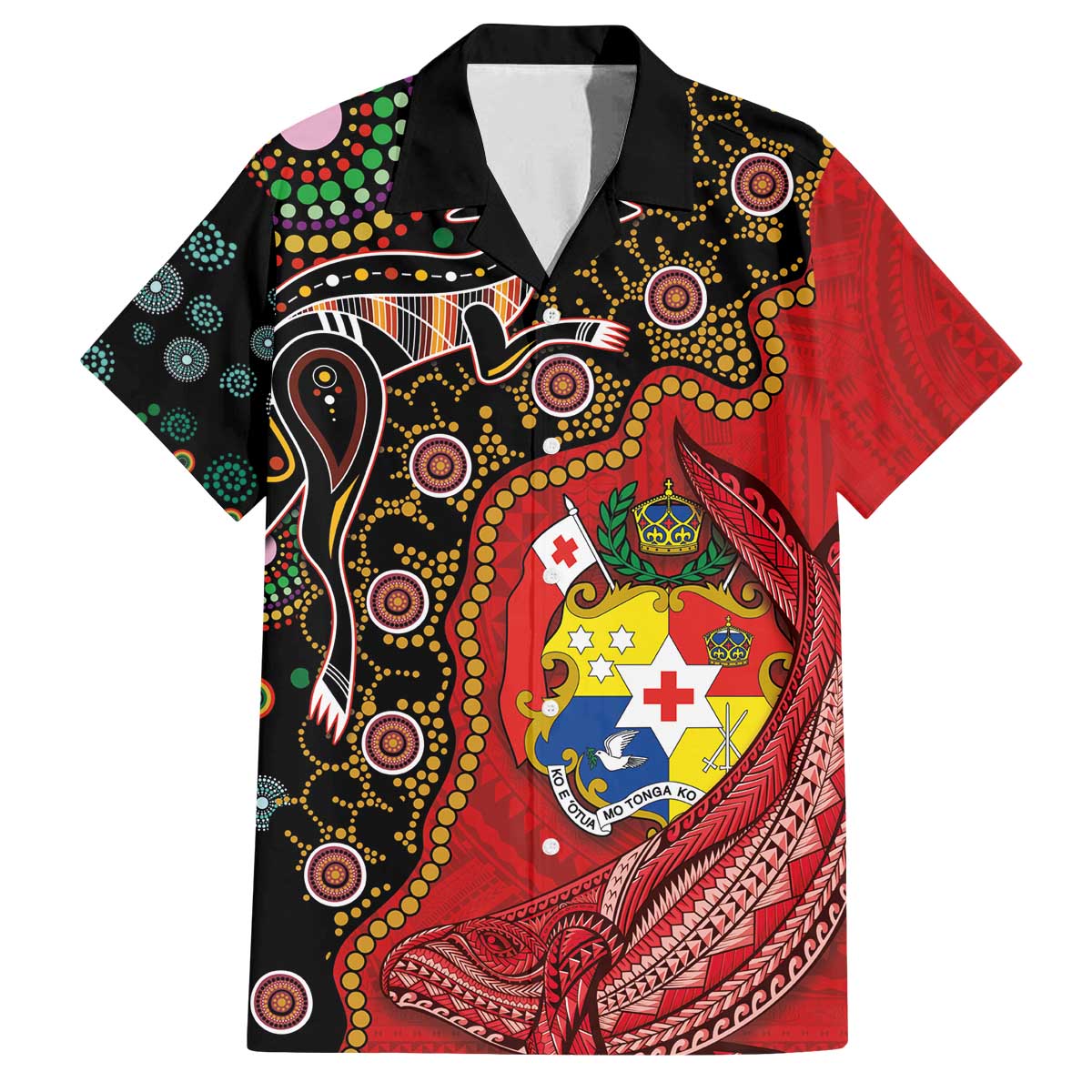 Tonga Ngatu and Australia Together Family Matching Off Shoulder Short Dress and Hawaiian Shirt Polynesian Humpback Whale and Aboriginal Kangaroo LT03 Dad's Shirt - Short Sleeve Red - Polynesian Pride