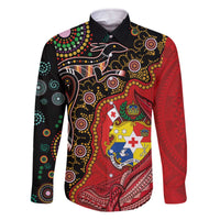 Tonga Ngatu and Australia Together Family Matching Off Shoulder Short Dress and Hawaiian Shirt Polynesian Humpback Whale and Aboriginal Kangaroo LT03 Dad's Shirt - Long Sleeve Red - Polynesian Pride