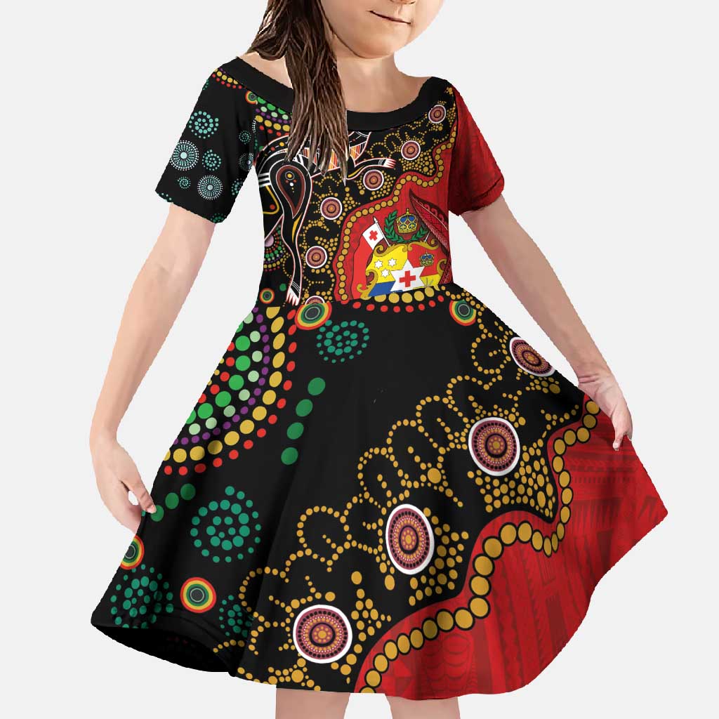 Tonga Ngatu and Australia Together Family Matching Tank Maxi Dress and Hawaiian Shirt Polynesian Humpback Whale and Aboriginal Kangaroo LT03 Daughter's Dress Red - Polynesian Pride