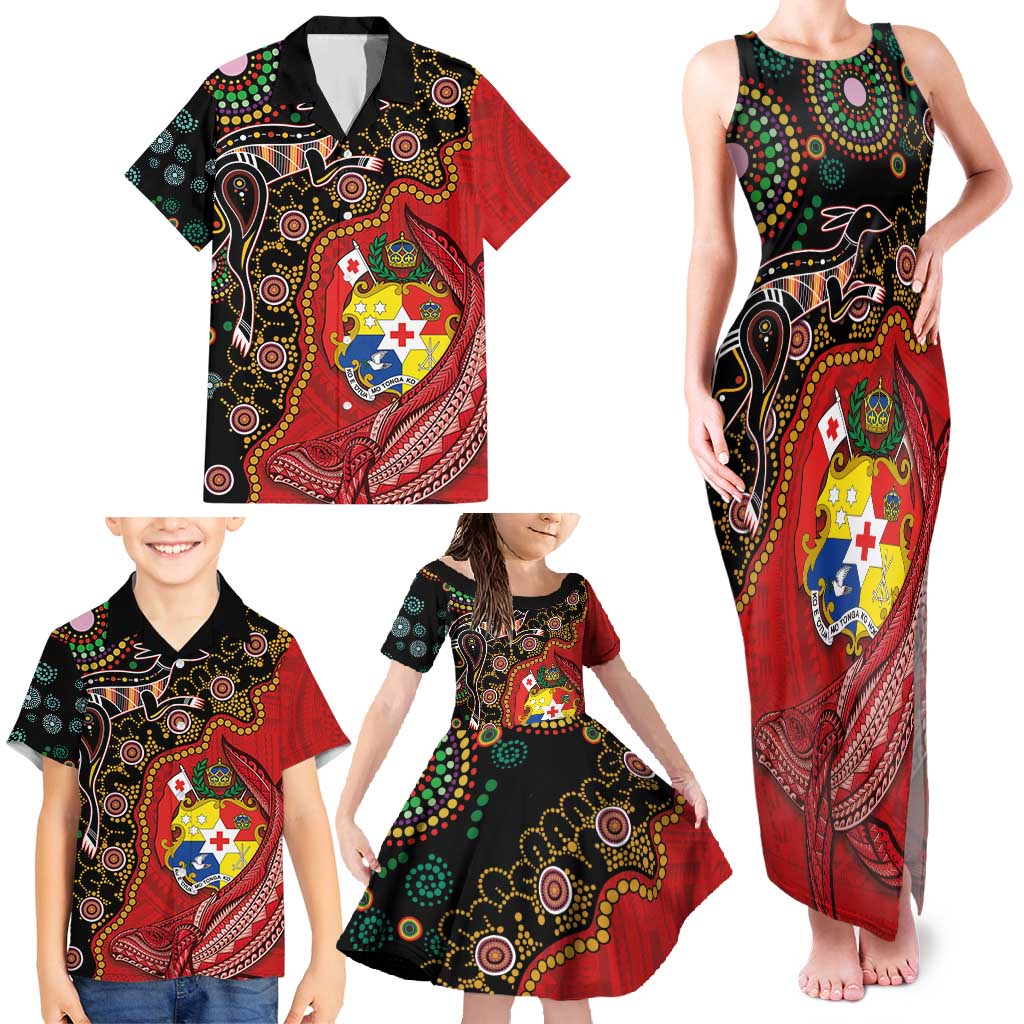 Tonga Ngatu and Australia Together Family Matching Tank Maxi Dress and Hawaiian Shirt Polynesian Humpback Whale and Aboriginal Kangaroo LT03 - Polynesian Pride
