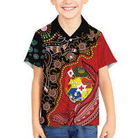 Tonga Ngatu and Australia Together Family Matching Tank Maxi Dress and Hawaiian Shirt Polynesian Humpback Whale and Aboriginal Kangaroo LT03 Son's Shirt Red - Polynesian Pride