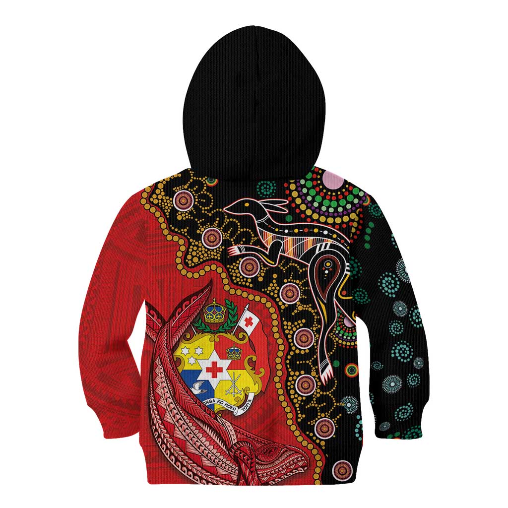 Tonga Ngatu and Australia Together Kid Hoodie Polynesian Humpback Whale and Aboriginal Kangaroo