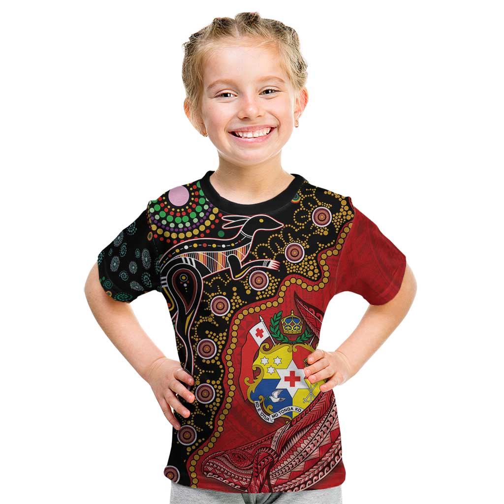 Tonga Ngatu and Australia Together Kid T Shirt Polynesian Humpback Whale and Aboriginal Kangaroo