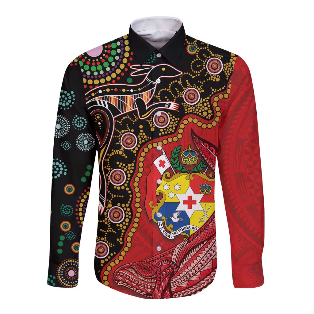 Tonga Ngatu and Australia Together Long Sleeve Button Shirt Polynesian Humpback Whale and Aboriginal Kangaroo LT03 Unisex Red - Polynesian Pride