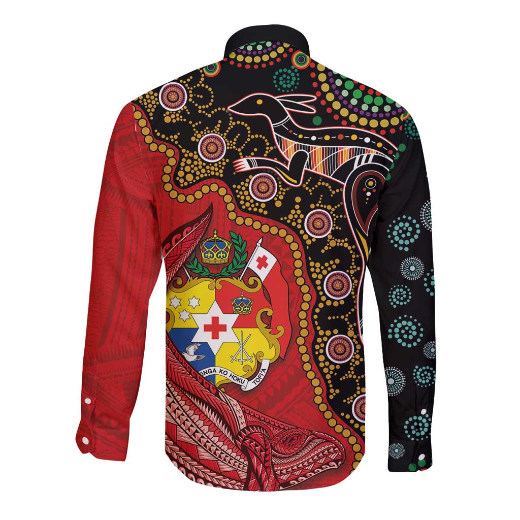 Tonga Ngatu and Australia Together Long Sleeve Button Shirt Polynesian Humpback Whale and Aboriginal Kangaroo LT03 - Polynesian Pride