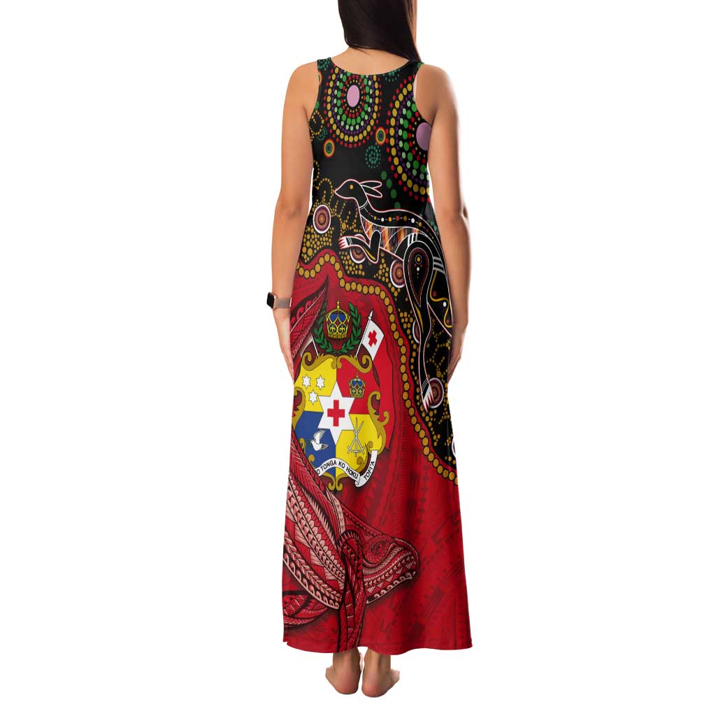 Tonga Ngatu and Australia Together Tank Maxi Dress Polynesian Humpback Whale and Aboriginal Kangaroo