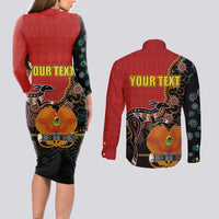Personalised Papua New Guinea and Australia Together Couples Matching Long Sleeve Bodycon Dress and Long Sleeve Button Shirt Bird-of-paradise and Kangaroo with Aboriginal Pattern LT03 - Polynesian Pride