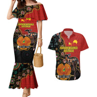 Personalised Papua New Guinea and Australia Together Couples Matching Mermaid Dress and Hawaiian Shirt Bird-of-paradise and Kangaroo with Aboriginal Pattern LT03 Red - Polynesian Pride