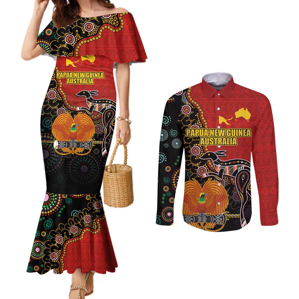 Personalised Papua New Guinea and Australia Together Couples Matching Mermaid Dress and Long Sleeve Button Shirt Bird-of-paradise and Kangaroo with Aboriginal Pattern LT03 Red - Polynesian Pride