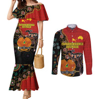Personalised Papua New Guinea and Australia Together Couples Matching Mermaid Dress and Long Sleeve Button Shirt Bird-of-paradise and Kangaroo with Aboriginal Pattern LT03 Red - Polynesian Pride