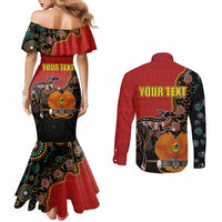 Personalised Papua New Guinea and Australia Together Couples Matching Mermaid Dress and Long Sleeve Button Shirt Bird-of-paradise and Kangaroo with Aboriginal Pattern LT03 - Polynesian Pride