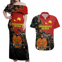 Personalised Papua New Guinea and Australia Together Couples Matching Off Shoulder Maxi Dress and Hawaiian Shirt Bird-of-paradise and Kangaroo with Aboriginal Pattern LT03 Red - Polynesian Pride