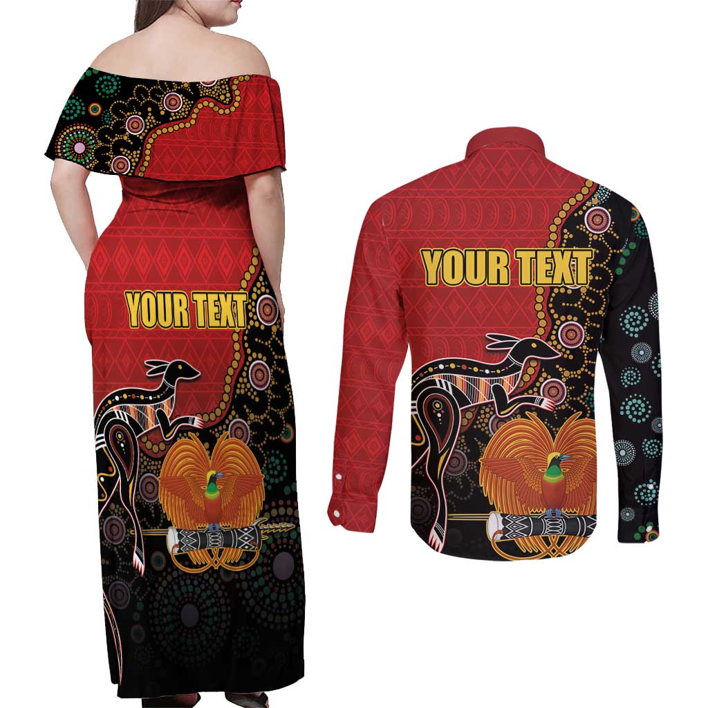 Personalised Papua New Guinea and Australia Together Couples Matching Off Shoulder Maxi Dress and Long Sleeve Button Shirt Bird-of-paradise and Kangaroo with Aboriginal Pattern