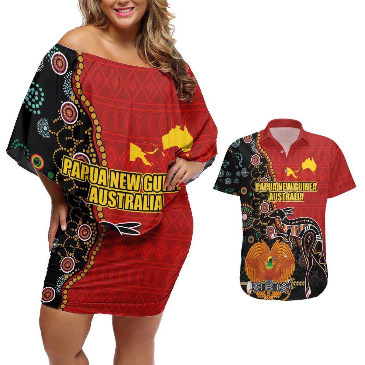 Personalised Papua New Guinea and Australia Together Couples Matching Off Shoulder Short Dress and Hawaiian Shirt Bird-of-paradise and Kangaroo with Aboriginal Pattern LT03 Red - Polynesian Pride
