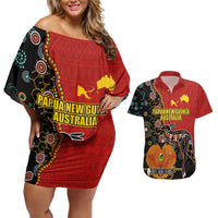 Personalised Papua New Guinea and Australia Together Couples Matching Off Shoulder Short Dress and Hawaiian Shirt Bird-of-paradise and Kangaroo with Aboriginal Pattern LT03 Red - Polynesian Pride