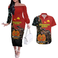 Personalised Papua New Guinea and Australia Together Couples Matching Off The Shoulder Long Sleeve Dress and Hawaiian Shirt Bird-of-paradise and Kangaroo with Aboriginal Pattern LT03 Red - Polynesian Pride