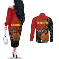 Personalised Papua New Guinea and Australia Together Couples Matching Off The Shoulder Long Sleeve Dress and Long Sleeve Button Shirt Bird-of-paradise and Kangaroo with Aboriginal Pattern LT03 - Polynesian Pride