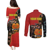 Personalised Papua New Guinea and Australia Together Couples Matching Puletasi and Long Sleeve Button Shirt Bird-of-paradise and Kangaroo with Aboriginal Pattern