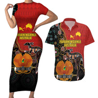 Personalised Papua New Guinea and Australia Together Couples Matching Short Sleeve Bodycon Dress and Hawaiian Shirt Bird-of-paradise and Kangaroo with Aboriginal Pattern LT03 Red - Polynesian Pride