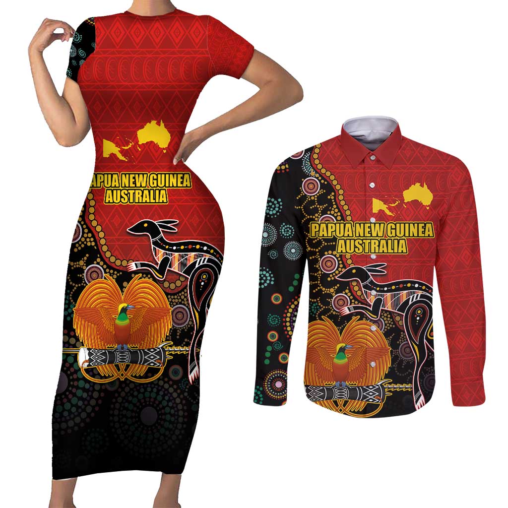 Personalised Papua New Guinea and Australia Together Couples Matching Short Sleeve Bodycon Dress and Long Sleeve Button Shirt Bird-of-paradise and Kangaroo with Aboriginal Pattern LT03 Red - Polynesian Pride