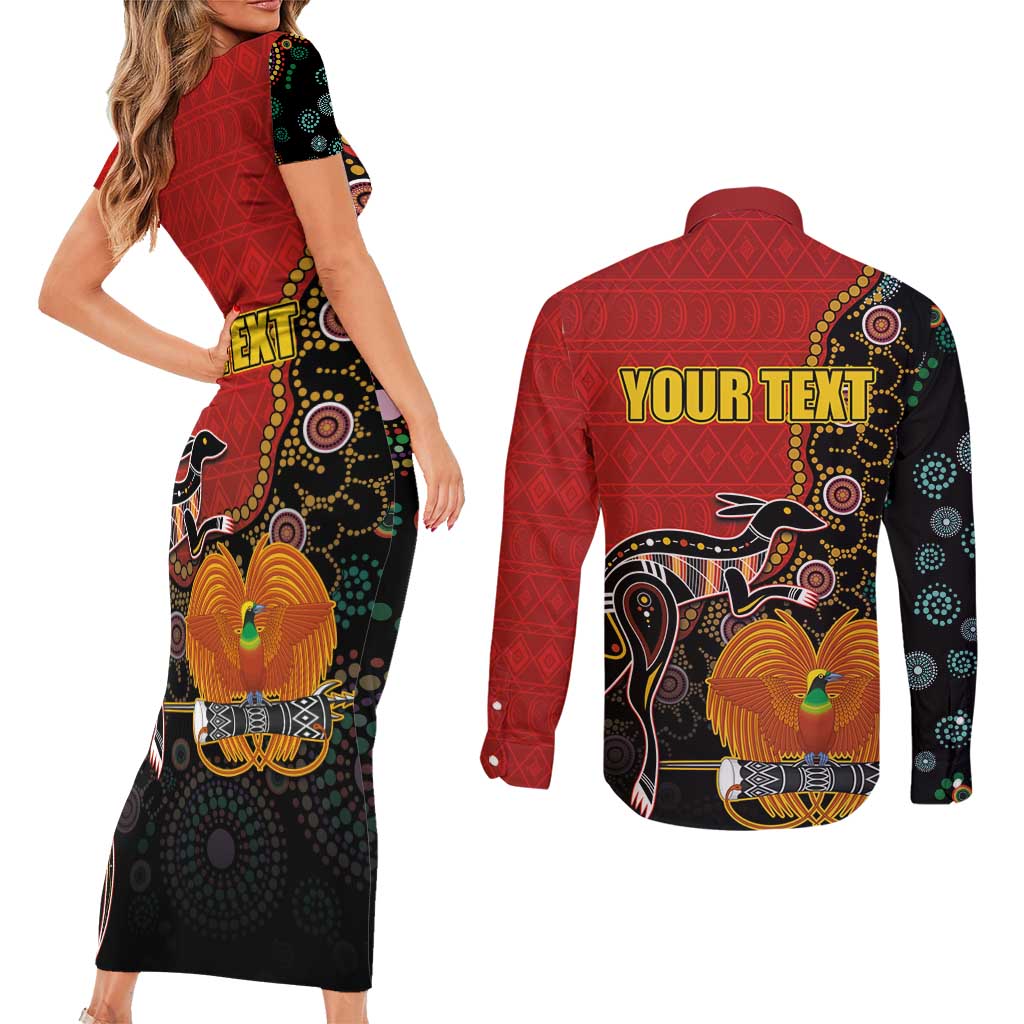 Personalised Papua New Guinea and Australia Together Couples Matching Short Sleeve Bodycon Dress and Long Sleeve Button Shirt Bird-of-paradise and Kangaroo with Aboriginal Pattern LT03 - Polynesian Pride