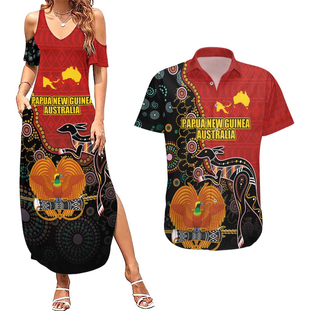 Personalised Papua New Guinea and Australia Together Couples Matching Summer Maxi Dress and Hawaiian Shirt Bird-of-paradise and Kangaroo with Aboriginal Pattern LT03 Red - Polynesian Pride