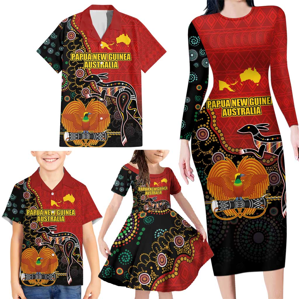 Personalised Papua New Guinea and Australia Together Family Matching Long Sleeve Bodycon Dress and Hawaiian Shirt Bird-of-paradise and Kangaroo with Aboriginal Pattern LT03 - Polynesian Pride