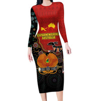 Personalised Papua New Guinea and Australia Together Family Matching Long Sleeve Bodycon Dress and Hawaiian Shirt Bird-of-paradise and Kangaroo with Aboriginal Pattern LT03 Mom's Dress Red - Polynesian Pride