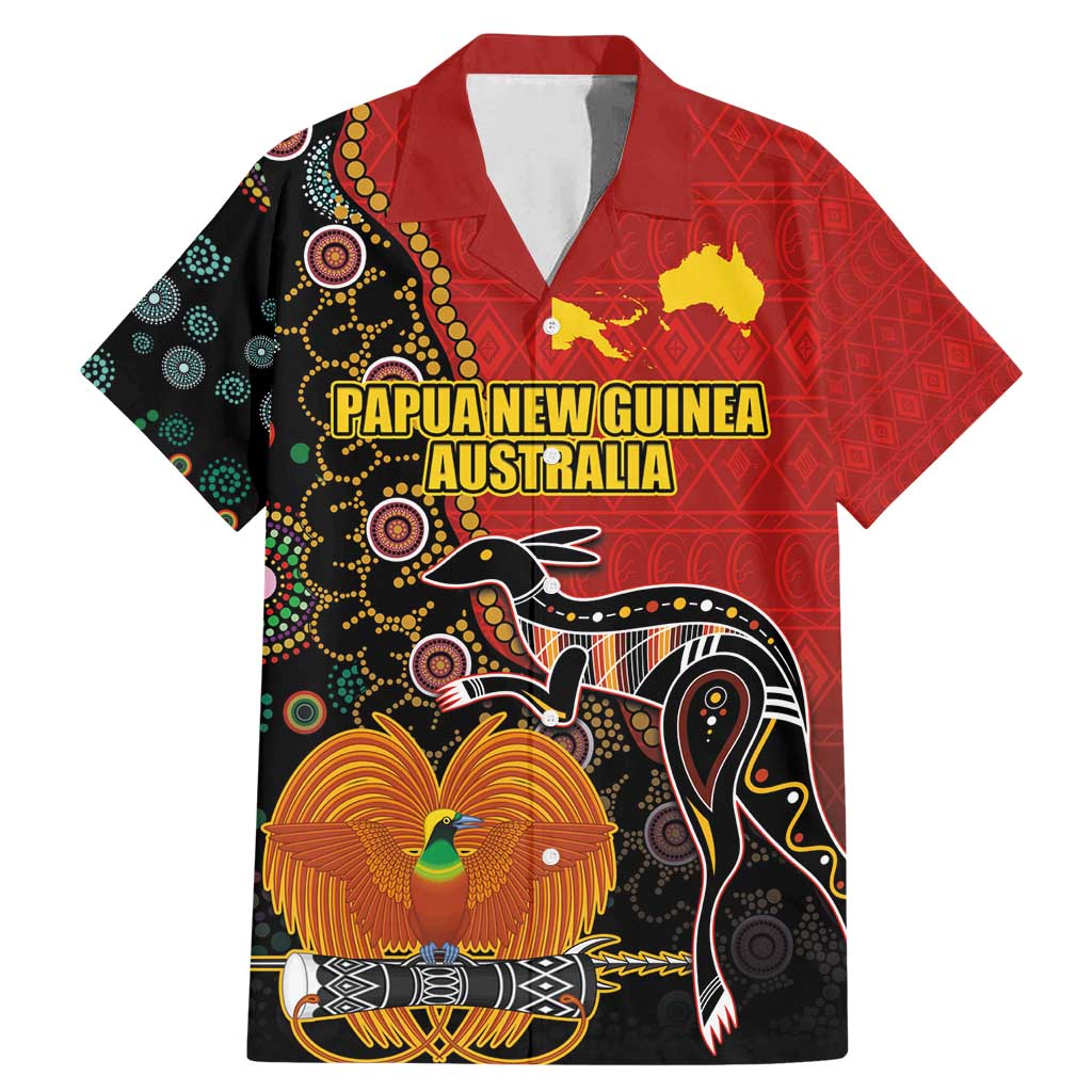 Personalised Papua New Guinea and Australia Together Family Matching Mermaid Dress and Hawaiian Shirt Bird-of-paradise and Kangaroo with Aboriginal Pattern LT03 Dad's Shirt - Short Sleeve Red - Polynesian Pride