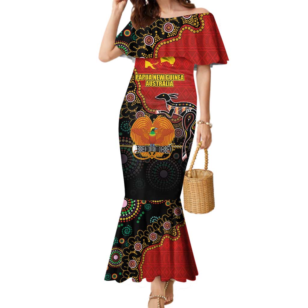 Personalised Papua New Guinea and Australia Together Family Matching Mermaid Dress and Hawaiian Shirt Bird-of-paradise and Kangaroo with Aboriginal Pattern LT03 Mom's Dress Red - Polynesian Pride