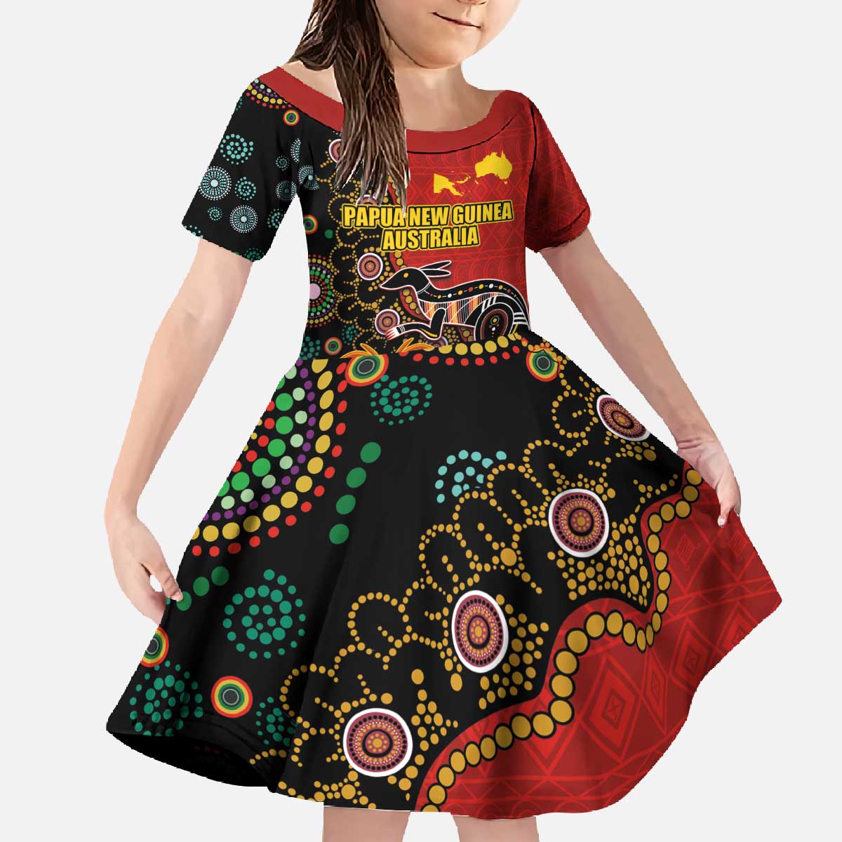Personalised Papua New Guinea and Australia Together Family Matching Off The Shoulder Long Sleeve Dress and Hawaiian Shirt Bird-of-paradise and Kangaroo with Aboriginal Pattern LT03 Daughter's Dress Red - Polynesian Pride