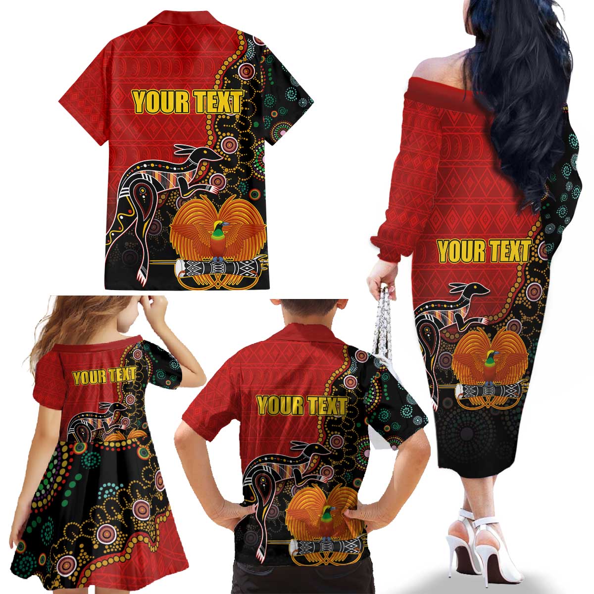 Personalised Papua New Guinea and Australia Together Family Matching Off The Shoulder Long Sleeve Dress and Hawaiian Shirt Bird-of-paradise and Kangaroo with Aboriginal Pattern LT03 - Polynesian Pride