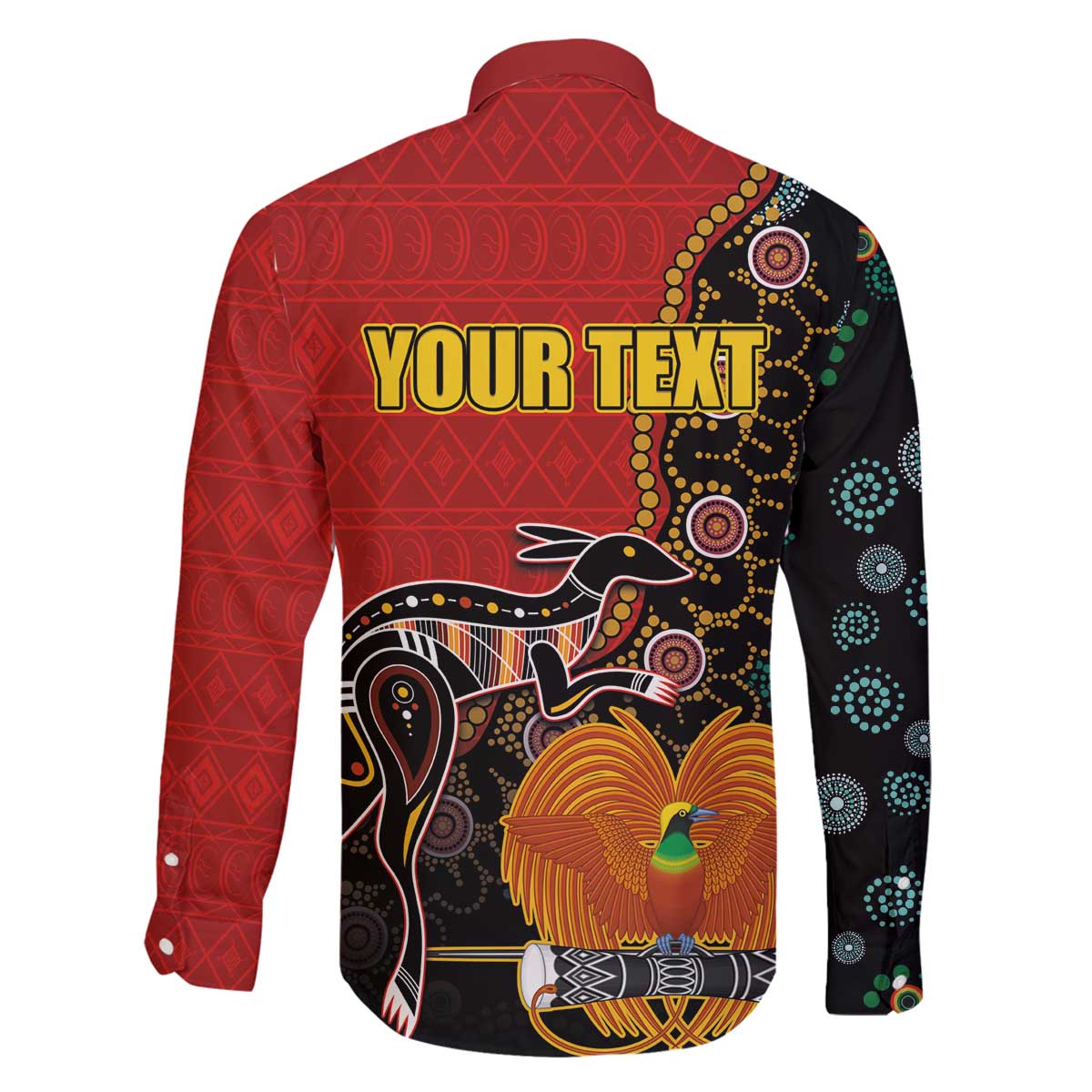 Personalised Papua New Guinea and Australia Together Family Matching Off The Shoulder Long Sleeve Dress and Hawaiian Shirt Bird-of-paradise and Kangaroo with Aboriginal Pattern LT03 - Polynesian Pride
