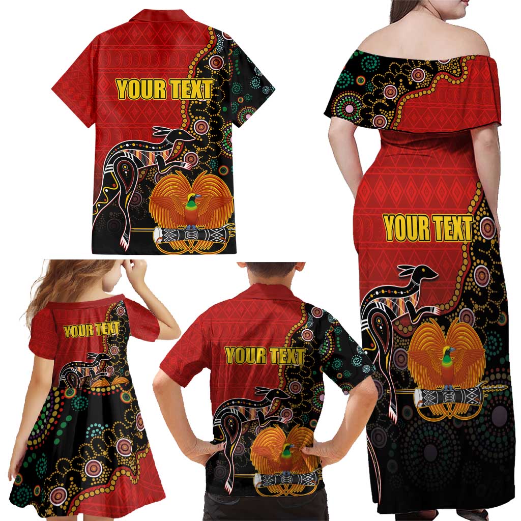 Personalised Papua New Guinea and Australia Together Family Matching Off Shoulder Maxi Dress and Hawaiian Shirt Bird-of-paradise and Kangaroo with Aboriginal Pattern LT03 - Polynesian Pride